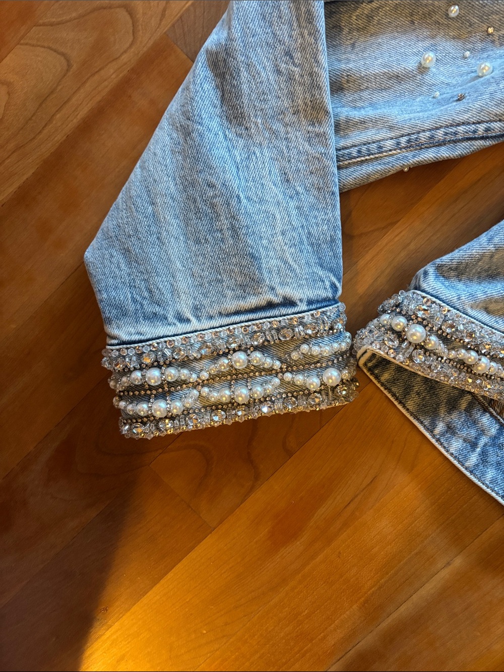 Alice + Olivia Light Blue Pearl-Embellished Denim Jacket - Picture 13 of 16